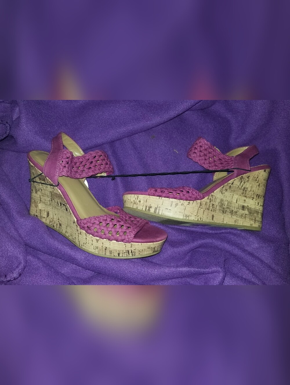 NWT Women's Maurices Beverly Crochet Purple Magenta Cork Wedges 8.5M